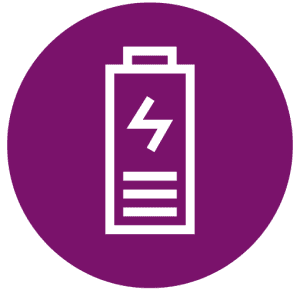 Battery icon with a white outline on a solid purple circular background.