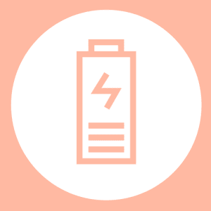 Battery icon with a mid red outline on a white circular background, surrounded by a solid mid red outer background.