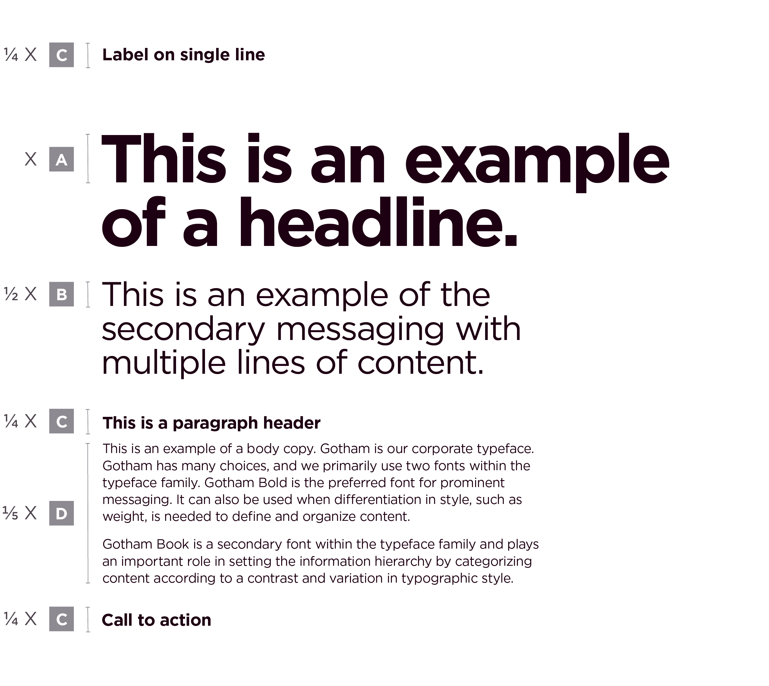 The typeface hierarchy setup with the label coming first, then the headline, sub-headline, paragraph header, body copy, and the call to action.