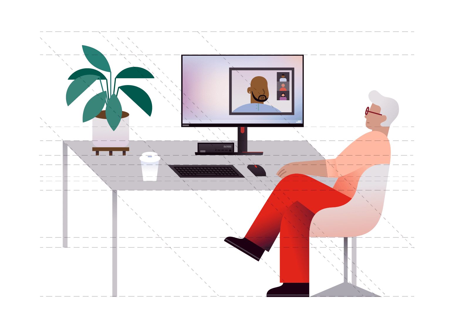 An illustration of a person sitting at a desk with a computer showcasing the different object perspectives.