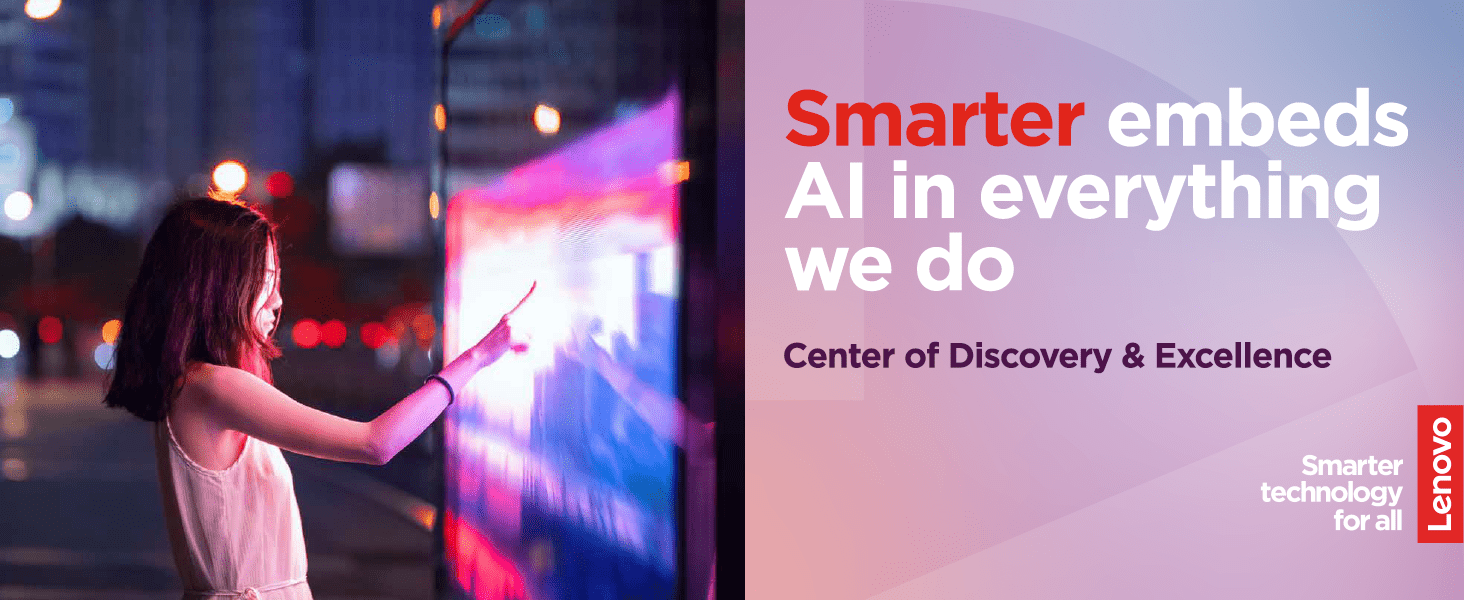 Lenovo flyer with the headline, "Smarter embeds AI in everything we do" with "Smarter" written in red with the rest in white.