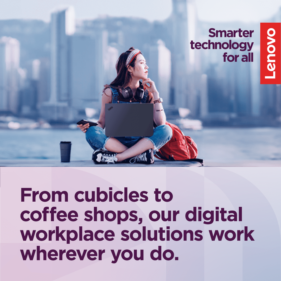 A Lenovo flyer indicating, "From cubicles to coffee shops, our digital workplace solutions work wherever you do."