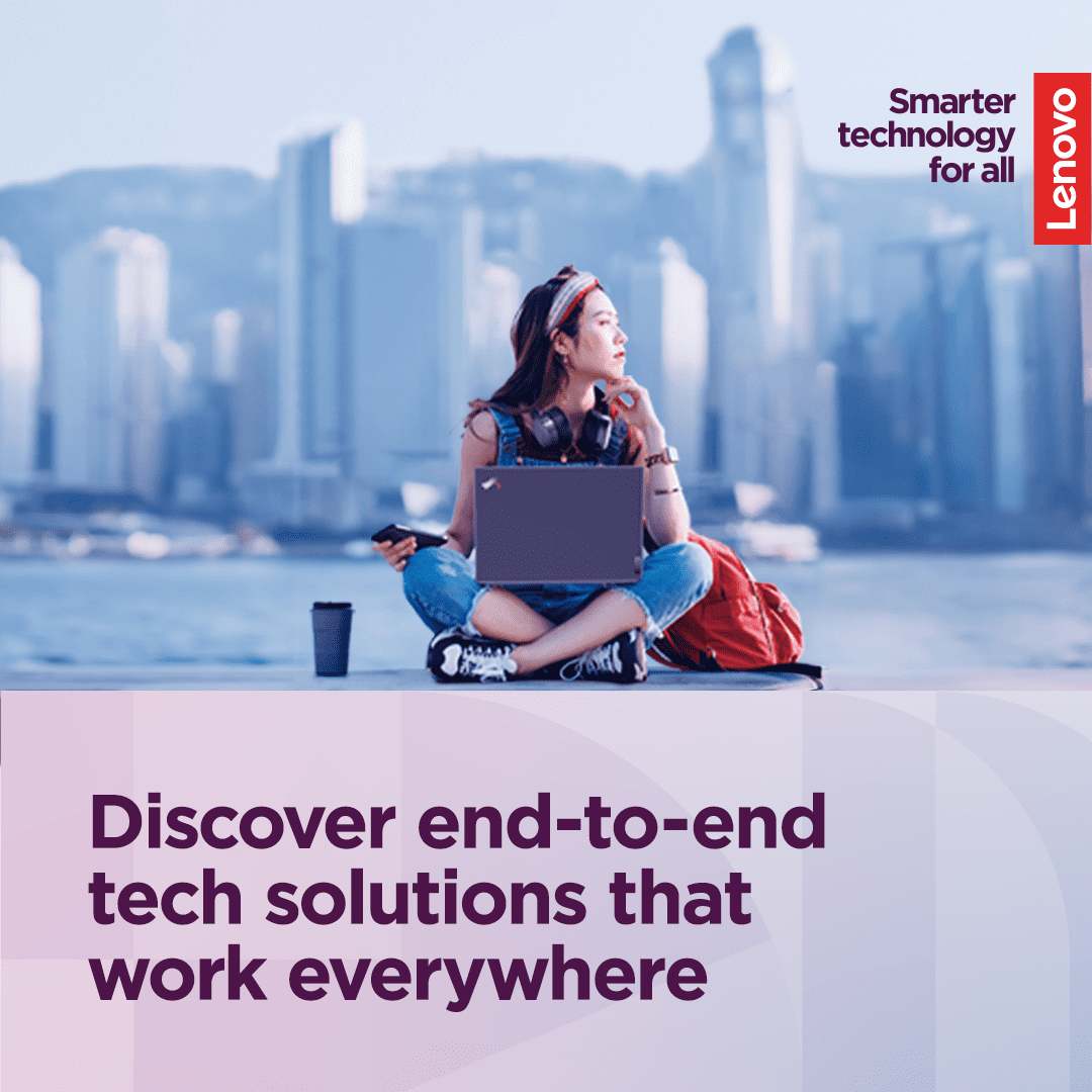 A Lenovo flyer that says, "Discover end-to-end tech solutions that work everywhere".