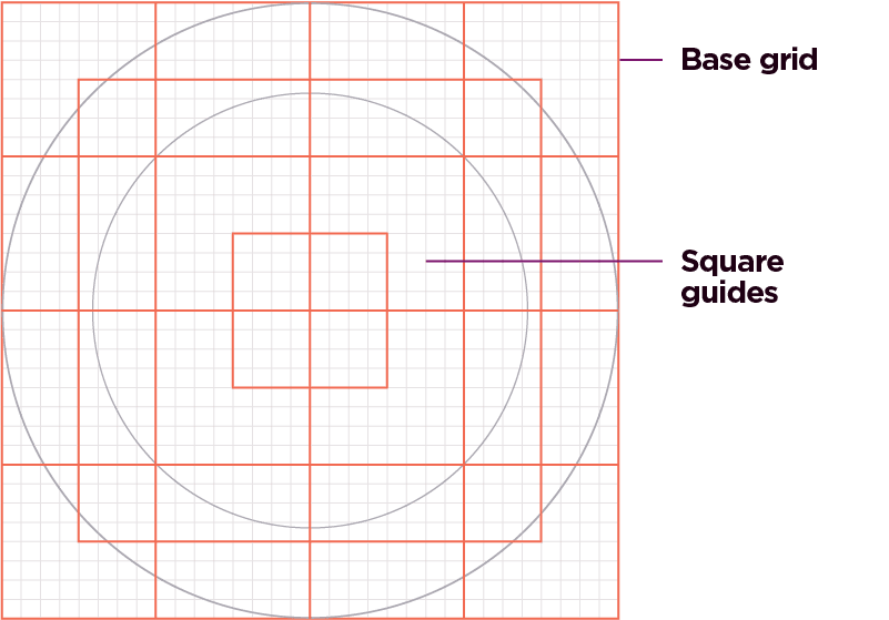 Lenovo base grid with blue square guides, ensuring consistent line weights and spacing for maintaining uniform visual proportions across all icons.